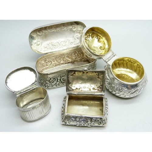 849 - Three hallmarked silver boxes, 84g, together with a white metal box with continental control mark