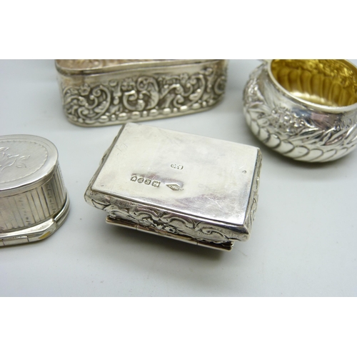 849 - Three hallmarked silver boxes, 84g, together with a white metal box with continental control mark