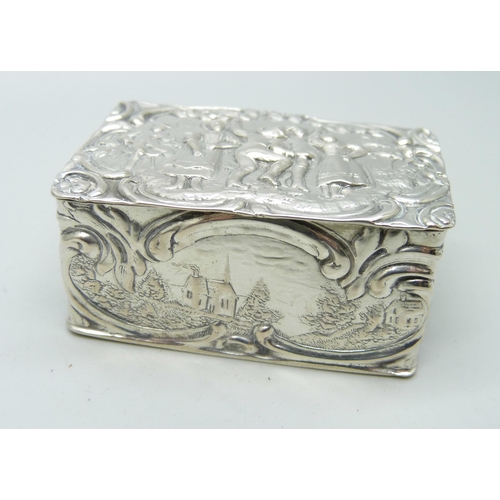 850 - A Dutch snuff box with a dancing scene, marked .800, 45g