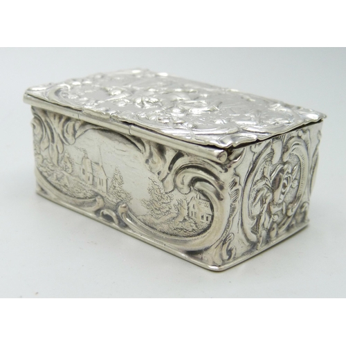 850 - A Dutch snuff box with a dancing scene, marked .800, 45g