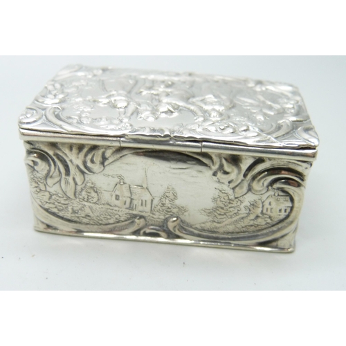 850 - A Dutch snuff box with a dancing scene, marked .800, 45g