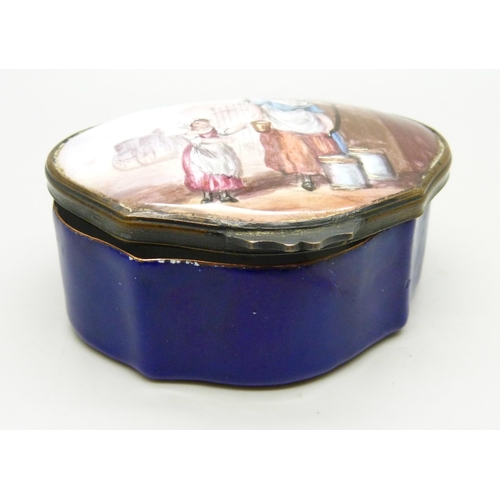 858 - An early Battersea enamelled box, 19th Century serpentine form, 'Milk Below, maids', hinge a/f and s... 