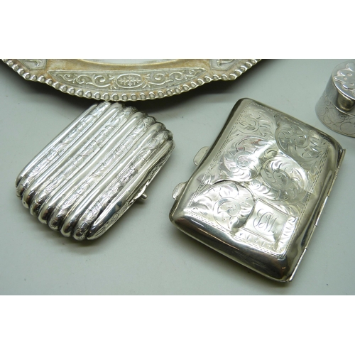 859 - Two silver cigarette cases, a/f, 66g, two white metal boxes and a dish