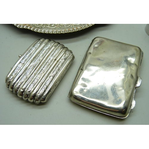 859 - Two silver cigarette cases, a/f, 66g, two white metal boxes and a dish