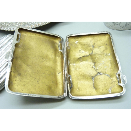 859 - Two silver cigarette cases, a/f, 66g, two white metal boxes and a dish