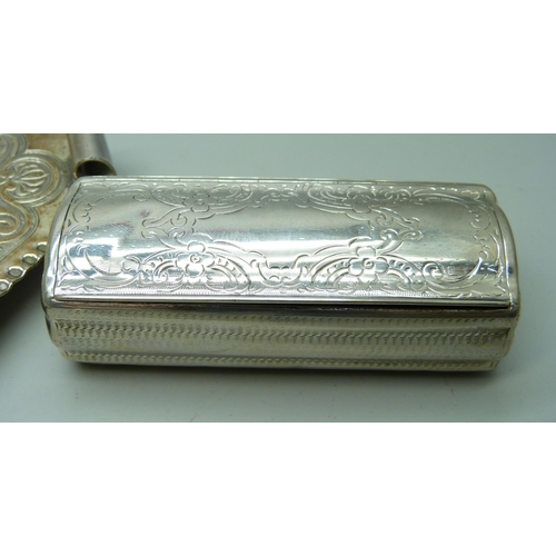 859 - Two silver cigarette cases, a/f, 66g, two white metal boxes and a dish