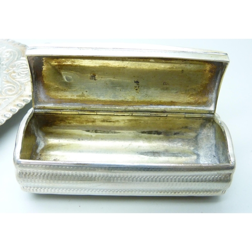 859 - Two silver cigarette cases, a/f, 66g, two white metal boxes and a dish