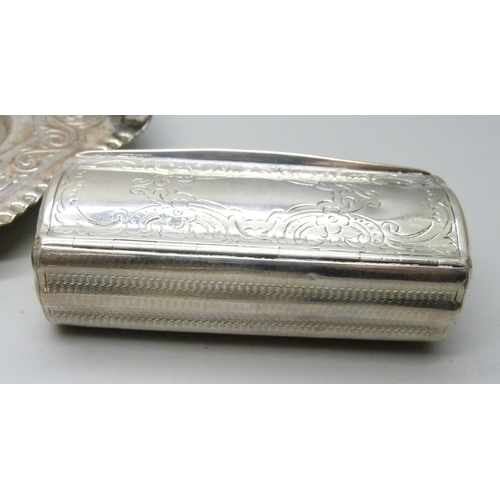 859 - Two silver cigarette cases, a/f, 66g, two white metal boxes and a dish