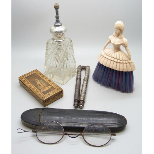 862 - A cutglass and silver topped perfume atomiser, a mosaic wooden box, a pair of nutcrackers, etc.