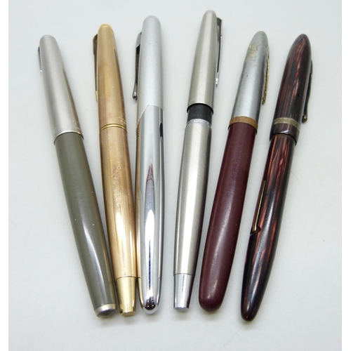 863 - Six pens; three Parker fountain pens, one rolled gold, Sheaffer with Bakelite case and two others