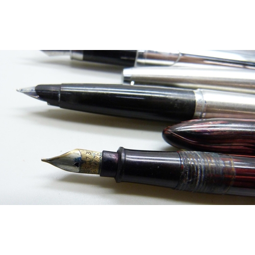 863 - Six pens; three Parker fountain pens, one rolled gold, Sheaffer with Bakelite case and two others