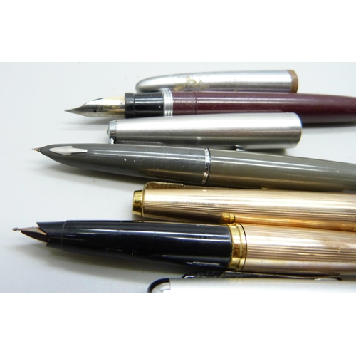 863 - Six pens; three Parker fountain pens, one rolled gold, Sheaffer with Bakelite case and two others