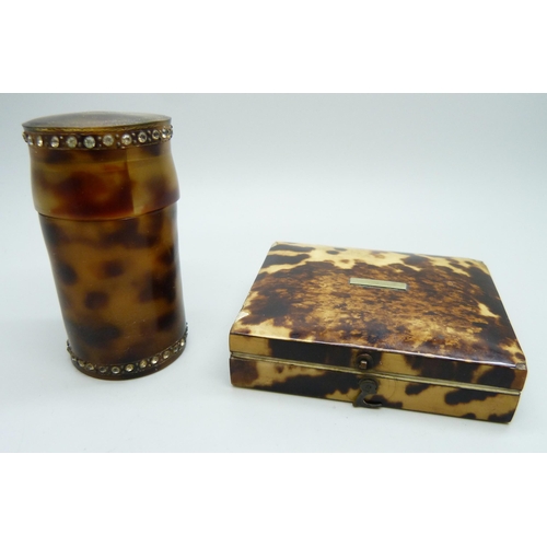 864 - A tortoiseshell pin/needle box and one other cylindrical box