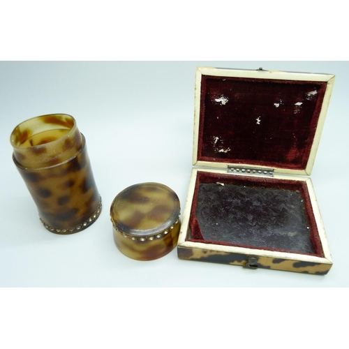 864 - A tortoiseshell pin/needle box and one other cylindrical box