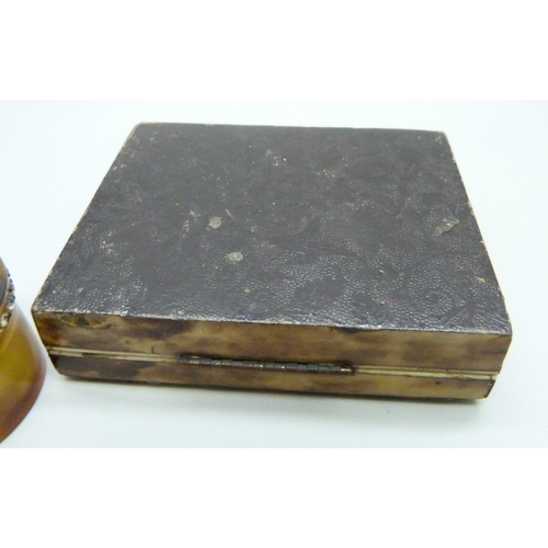 864 - A tortoiseshell pin/needle box and one other cylindrical box