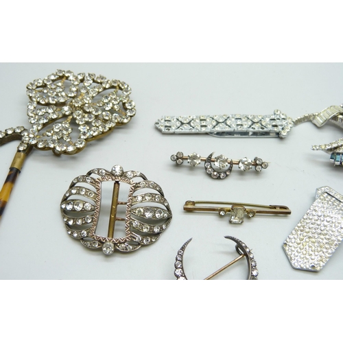 874 - A 925 silver paste set crescent brooch, a 19th Century paste set buckle, three other buckles and oth... 