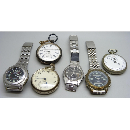 891 - A silver cased Benson pocket watch, one other pocket watch, a stop-watch, a Seiko wristwatch and two... 