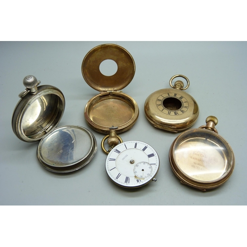 892 - A silver full-hunter pocket watch case, 51g, two rolled gold pocket watch cases, a gold plated pocke... 