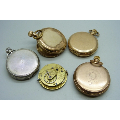 892 - A silver full-hunter pocket watch case, 51g, two rolled gold pocket watch cases, a gold plated pocke... 