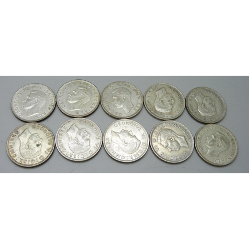 893 - Ten half silver half-crown coins, consecutive years 1937-1946, 141.1g