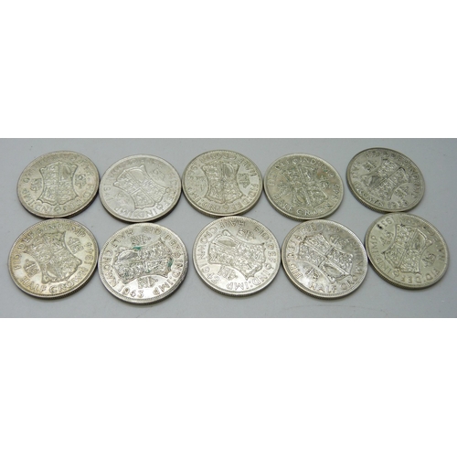 893 - Ten half silver half-crown coins, consecutive years 1937-1946, 141.1g