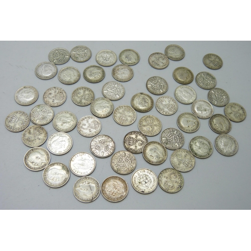 894 - Fifty 3d coins all 1920-1946, 69.6g