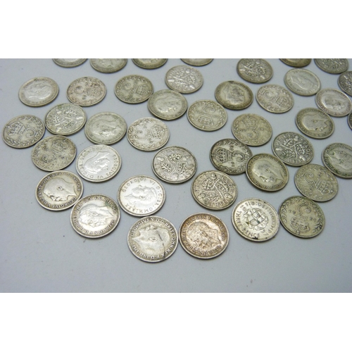 894 - Fifty 3d coins all 1920-1946, 69.6g