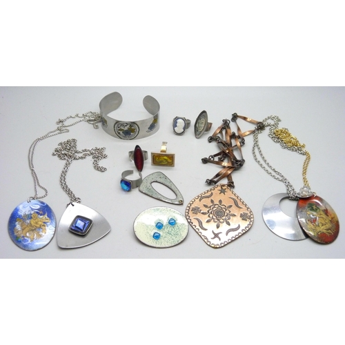 910 - 1970s stainless steel, enamelled and copper jewellery