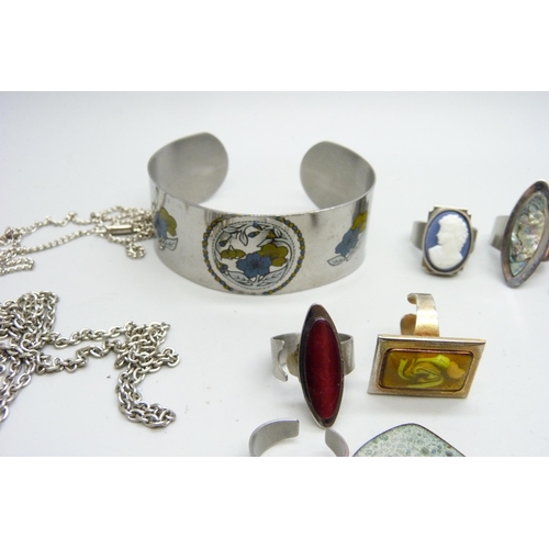 910 - 1970s stainless steel, enamelled and copper jewellery