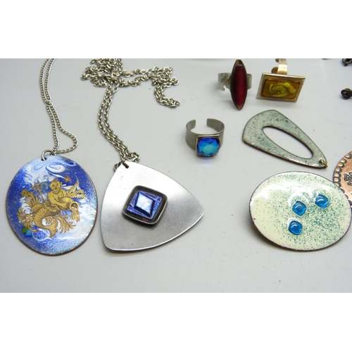 910 - 1970s stainless steel, enamelled and copper jewellery