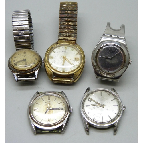 932 - Five wristwatches; two Rotary, Nivada a/f, Swatch and Seiko