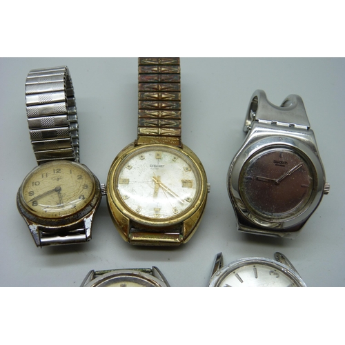 932 - Five wristwatches; two Rotary, Nivada a/f, Swatch and Seiko