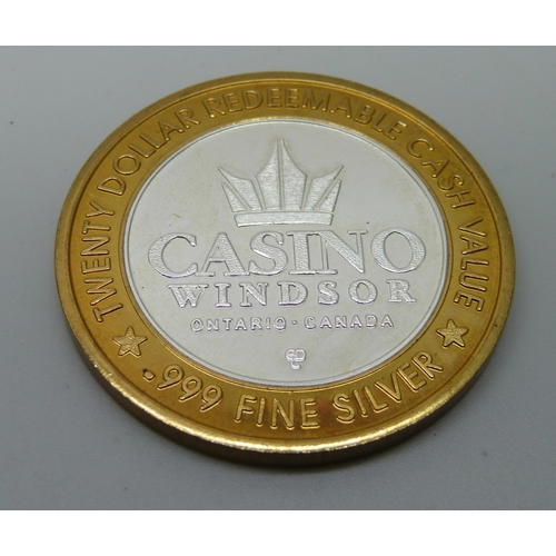 936 - A .999 pure silver $20 Windsor Casino Ontario token, limited edition collectors series, 37.4g