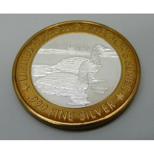 936 - A .999 pure silver $20 Windsor Casino Ontario token, limited edition collectors series, 37.4g