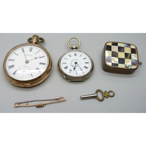 943 - A Waltham rolled gold top wind pocket watch, a continental silver fob watch with key, a chequerboard... 