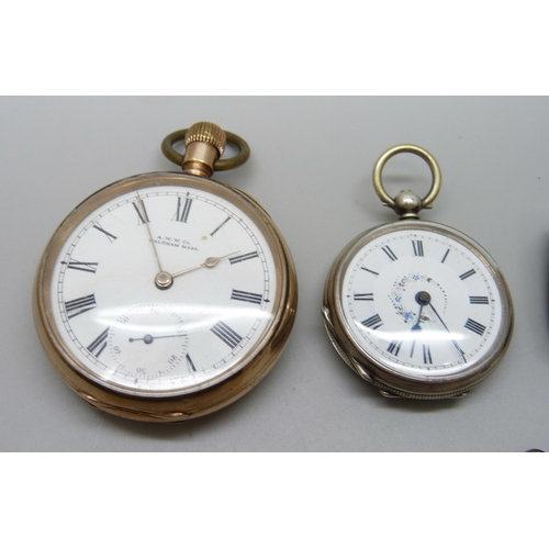 943 - A Waltham rolled gold top wind pocket watch, a continental silver fob watch with key, a chequerboard... 