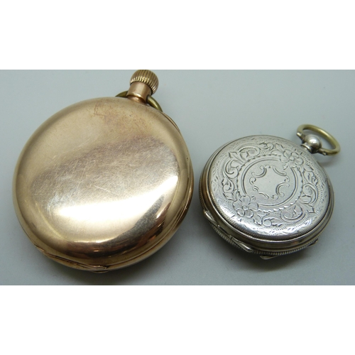 943 - A Waltham rolled gold top wind pocket watch, a continental silver fob watch with key, a chequerboard... 