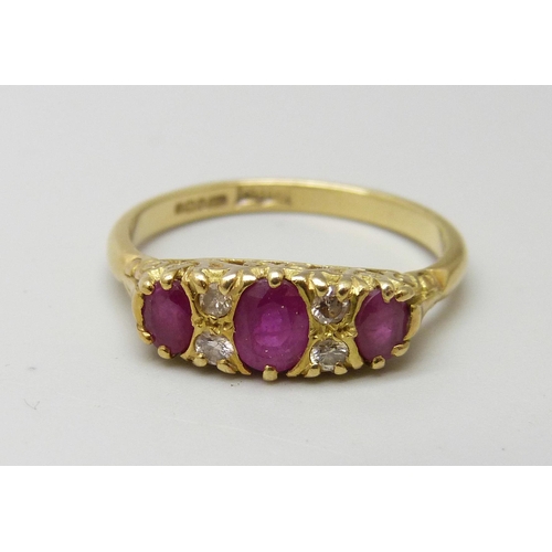 960 - An 18ct gold, ruby and diamond ring, 3.9g, R