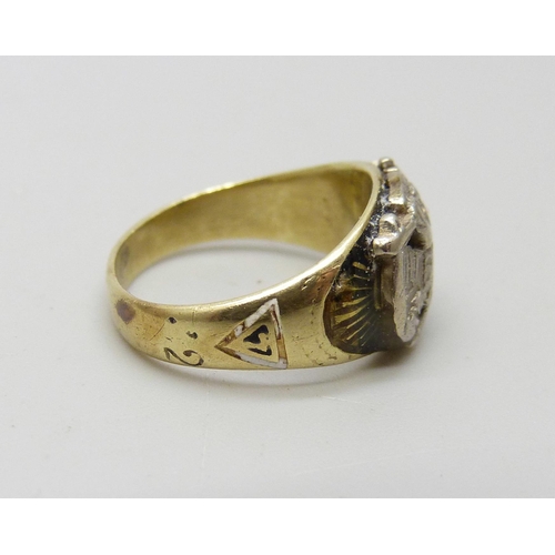 961 - A small Double Eagle Masonic ring, enamelled and set with a diamond, tests as 14k gold, 3.8g, F