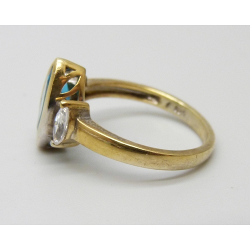 970 - A silver gilt marquise blue and white gem set ring, Q