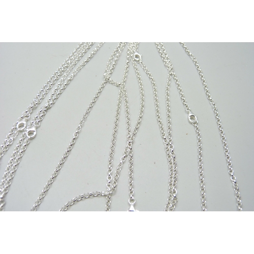 987 - Six silver belcher chains and a silver ring, (stone loose)