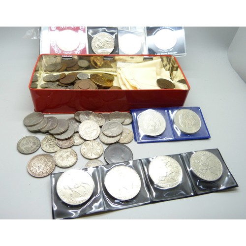 906 - A collection of British coins, including commemorative crowns, two pre 1920 coins, 19g, 1920 to 1946... 