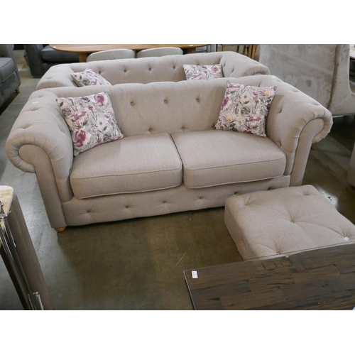 1338 - A beige weave Chesterfield three seater sofa and footstool RRP £1379.00