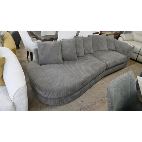 1408 - A grey cord upholstered open end three seater sofa