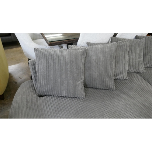 1408 - A grey cord upholstered open end three seater sofa