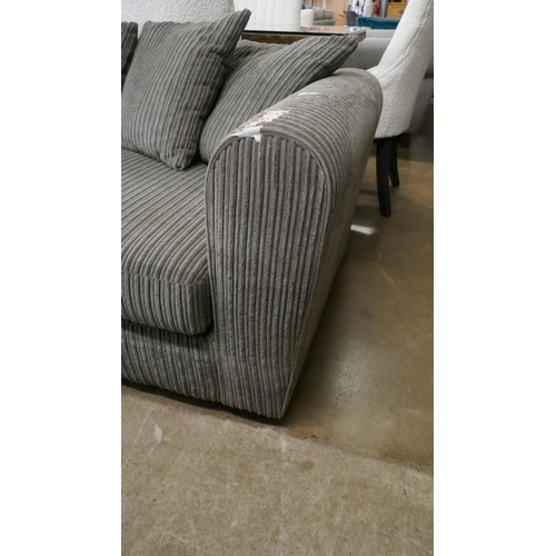 1408 - A grey cord upholstered open end three seater sofa