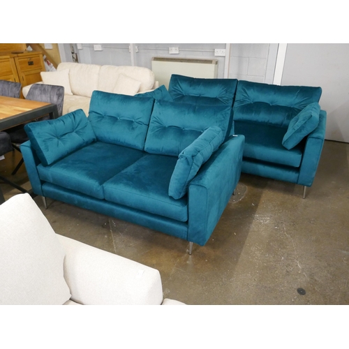 1446 - A turquoise velvet three seater sofa and two seater sofa