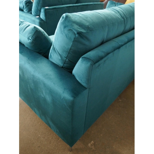 1446 - A turquoise velvet three seater sofa and two seater sofa