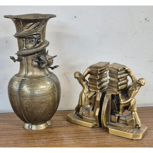 354 - A Japanese bronze vase and a pair of brass effect bookends