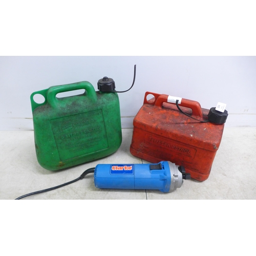 2404 - Two plastic fuel cans and a Clarke CR1 230v 710w router